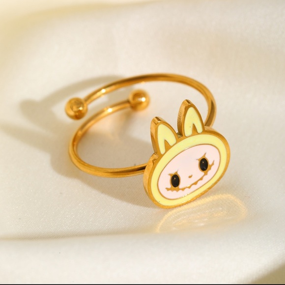 Labubu Jewelry - 18K Gold Plated Light Yellow Enamel Labubu Theme Ring No Fade Zimomo The Monster